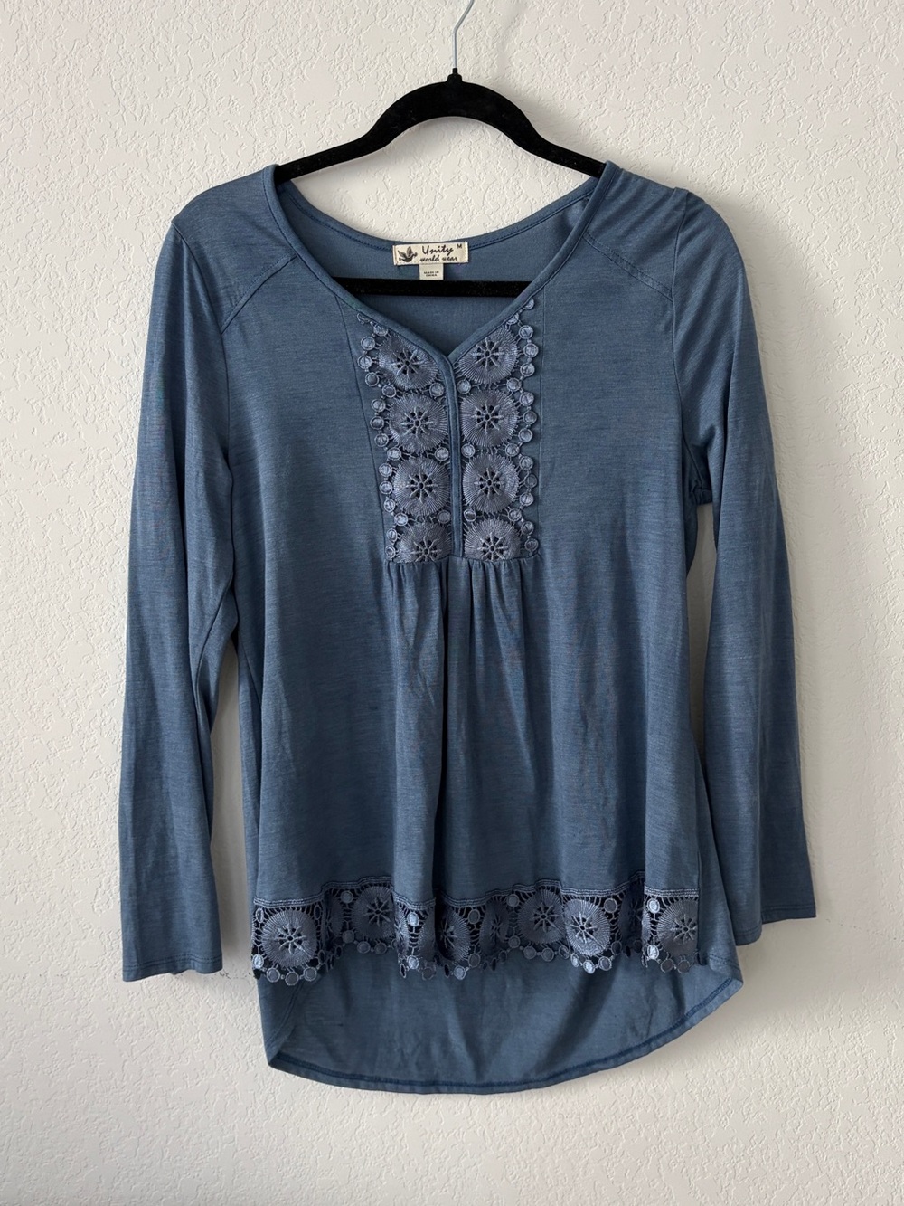 Unity World Wear Dusty Blue Crochet Lace Boho Top • Size M
